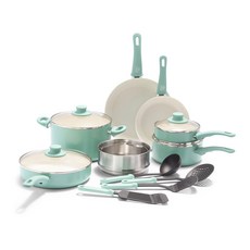 GREEN LIFE 軟握陶瓷不沾鍋煎鍋套組, 1個, 16 件套,由青色組成, 綠松石