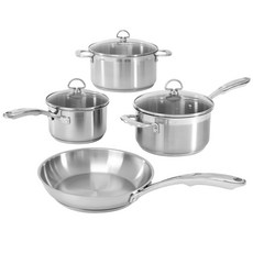 chantal 單柄+雙耳不鏽鋼鍋具+玻璃鍋蓋 4件組, 3 個鍋 + 1 個煎鍋, 銀