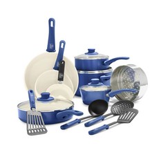 GREEN LIFE 軟握陶瓷不沾鍋煎鍋套組, 4個, 16件套藍色, 藍色