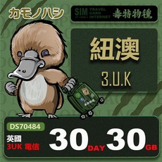 鴨嘴獸 旅遊網卡 3UK 紐澳 30天30GB 世界71國共用 上網卡, 詳見包裝, 1個