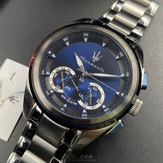 MASERATI瑪莎拉蒂手錶 R8873612014 46mm黑圓形精鋼錶殼寶藍色三眼中三針顯示銀色精鋼錶帶