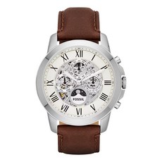 美國Fossil GRANT月像星辰機械錶，鏤空機械錶盤，真皮錶帶，男士腕錶首選