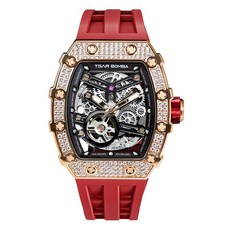 TSAR BOMBA 機械公爵 元素系列 玫金色鋯石水晶錶圈 紅色氟橡膠錶帶 自動上鍊機械錶