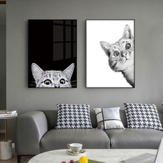 EVA 台灣出貨 黑白萌貓裝飾畫 創意動物豎版小尺寸鋁框無框畫 掛畫 擺畫 可愛有趣 治愈系 背景墻裝飾框畫 藝術壁畫, 黑橡金屬框