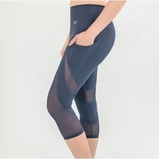 BAISKY百士奇彈力緊身瑜珈七分褲女款，網紗美型設計，雙口袋灰藍色，運動健身首選