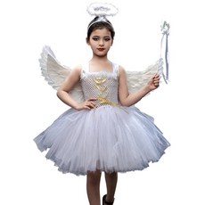 兒童白色天使翅膀連身紗裙 派對表演服裝 女童天使裝扮