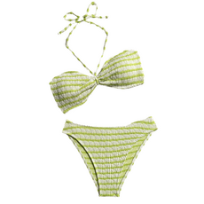 美人魚 綠白條紋比基尼，平口小清新泳衣，兩種穿法渡假推薦, 綠白條紋