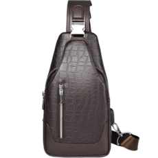 鱷魚紋真皮牛皮男士胸包斜背包, 棕色