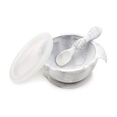 美國 Bumkins 寶寶矽膠餐碗組（多色可選）可微波、蒸、烤箱、洗碗機 不易生霉, 大理石紋, 碗＋湯匙＋碗蓋