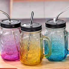 密封矽膠蓋玻璃杯 (附彩色吸管), 1個, 500ml