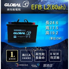 GLOBAL EFB L2(60ah) 銀合金汽車電瓶，高啟動電流，一年品質保固，適用於BMW車款, 1個