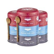 JuSTea 錫盒裝紅茶茶葉3種組+湯匙, 3組, 非洲柴茶 38g+肯亞伯爵茶 34g+肯亞山紅茶 34g