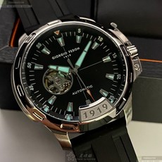 GiorgioFedon1919手錶 GF00115 46mm銀色精鋼錶殼 黑色鏤空中三針顯示 深黑色矽膠錶帶