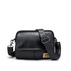 男用雙層拉鍊復古皮革郵差包/斜背包 黑色 293