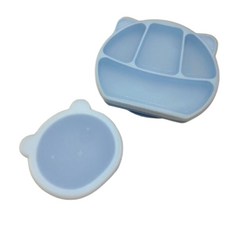 兒童吸盤餐盤餐碗4件組 (副食品餐具), 餐盤，小熊碗，餐盤蓋，小熊碗蓋, 夕霧藍