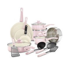 GREEN LIFE 軟握陶瓷不沾鍋煎鍋套組, 1個, 鍋煎鍋組合16p, 粉色