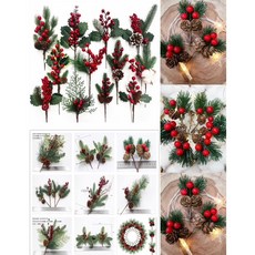 花環材料包 松花素材 手作松木 松針 松果材料包 一組隨機10朵 DIY花圈材料, 綠色和紅色, 1個