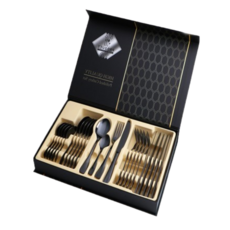 不銹鋼餐具24件組禮盒, 刀、叉、勺子, 黑色