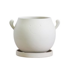 微笑加油款陶盆 - 簡約陶瓷花器，迷你可愛造型，桌面療癒擺飾, 米色