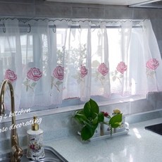 凡爾賽玫瑰刺繡短紗簾門簾, 白色搭配粉色玫瑰刺繡