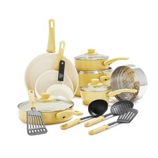 GREEN LIFE 軟握陶瓷不沾鍋煎鍋套組, 1個, 16件套黃色, 黃色