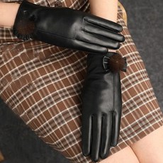 首爾秀毛球全掌觸控小羊皮珊瑚絨女士真皮機車手套 保暖騎行手套, 黑色