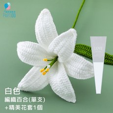 氣球派對多 手工編織花束 康乃馨 向日葵 玫瑰花 畢業禮物 生日禮物 母親節禮物 永生花, 白色-編織百合(單支)+精美花套1入, 白色