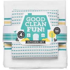 now DESIGNS 圖案印花棉質洗碗巾+廚房毛巾組, 1個, 茶藍