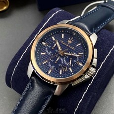 MASERATI手錶 R8871621015 44mm玫瑰金錶殼 三眼真皮錶帶 男士腕錶