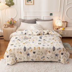 韓系針織棉涼感被，雙人夏季薄被，透氣冰涼被子，花草圖案涼毯, 藍銀花 雙人被150x200cm