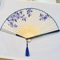 古風摺扇 (木雕/絲綢/絹扇), 藍色