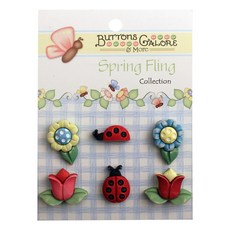 buttons galore&more 春季飛翔3D按鈕 鈕扣, 6入, 花朵和瓢蟲