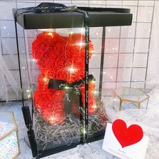 GIFTME5 玫瑰花熊 附透明禮盒與小夜燈, 紅色25cm組合