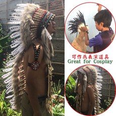 自然屋精品 印地安頭飾 酋長帽 派對舞台表演 化裝舞會Cosplay 原住民風格 多色羽毛款, 黑白
