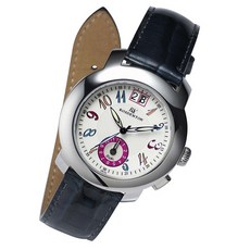 RN勞斯丹頓 3A07K-W 兩地時間女錶，白色錶盤，藍色真皮錶帶，時尚雙時區腕錶