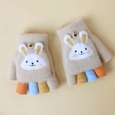 兒童提花分指手套冬季保暖加絨加厚卡通半指翻蓋手套4-12歲