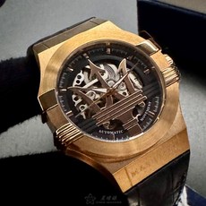 MASERATI手錶 R8821108002 42mm六角形精鋼錶殼 機械鏤空 深黑色真皮錶帶