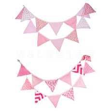 台灣現貨 粉色露營布質三角旗 可水洗棉布掛飾 生日吊旗 節慶佈置掛旗, 粉色款(一)