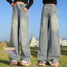 LC.kids 中大童刷破牛仔寬褲 寬鬆舒適 時尚百搭 兒童牛仔長褲