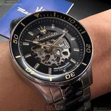 MASERATI手錶 R8823140008 46mm銀色精鋼錶殼 黑色水鬼錶面 雙面機械鏤空 銀色精鋼錶帶