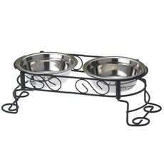 PETRAGEOUS DESIGNS 寵物不鏽鋼飼料碗 2入+造型雙格碗架組 8.9cm, 1個, 黑+銀