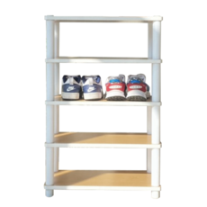 優米設計 台灣製 簡約多層木板鞋架, 白柱白邊,五層, 1個