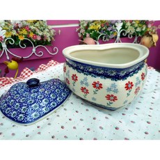 凡爾賽生活精品 波蘭進口愛心造型彩繪陶瓷小湯鍋附蓋 紅花綠葉, 1個