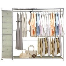 巴塞隆納雙層雙桿伸縮衣櫥附抽屜櫃(無防塵) - 雙層雙桿設計，伸縮調整，附抽屜收納, 尊爵灰(加購防塵布套)