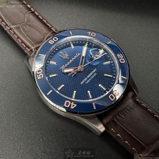 MASERATI手錶 R8851100004 44mm寶藍色蜂巢幾何錶面 咖啡色真皮錶帶 陶瓷圈水鬼經典款