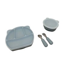 兒童矽膠餐具6件組 (含吸盤碗/餐盤), 藍灰色