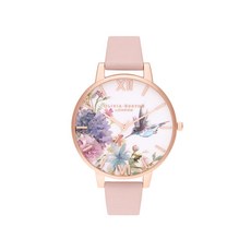 英國Olivia Burton florals花卉腕錶，玫瑰金錶殼，淡色錶帶，時尚女錶