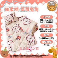 愛北鼻之家 兒童睡墊三件組 絲柔棉草莓兔兔款 台灣製造 幼兒園午睡必備 附收納袋, 薄睡墊-草莓兔兔【絲柔棉標準MIT】