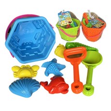 玩具先生 六角型城堡沙灘桶9件組 海灘玩具組 兒童玩沙工具 城堡造型 9件組, 多種顏色