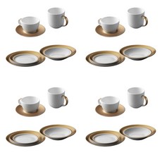 BergHOFF 西式餐具 6入組 白金色, （咖啡杯 + 馬克杯 + 咖啡杯架 + 意大利面球 + 2 個盤子）x 4, 白+金